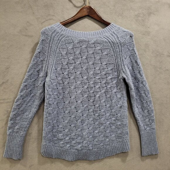 Ann Taylor Sweater Womens Blue Wool Blend Basketweave Size Medium Long Sleeve - Picture 2 of 6